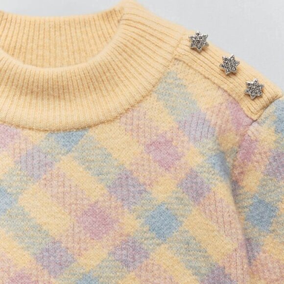 NWOT Zara multicoloured, pastel diamond checkered print wool blend sweater, M - Picture 5 of 8